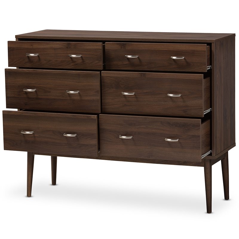 Maddie Home 6 Drawer Double Dresser in Walnut Brown