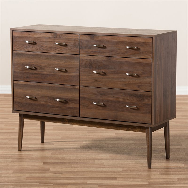 Maddie Home 6 Drawer Double Dresser in Walnut Brown