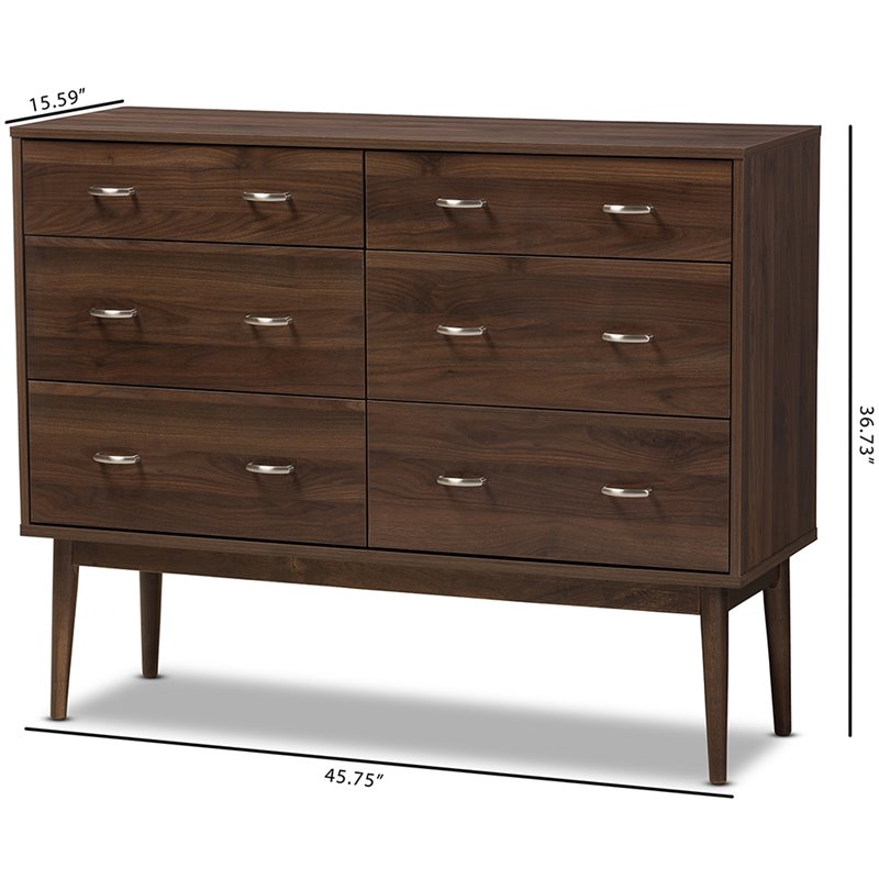 Maddie Home 6 Drawer Double Dresser in Walnut Brown