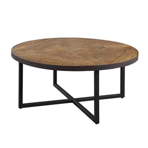 Wallace & Bay Faro Round Coffee Table in Brown Rustic Pine and Gray Metal