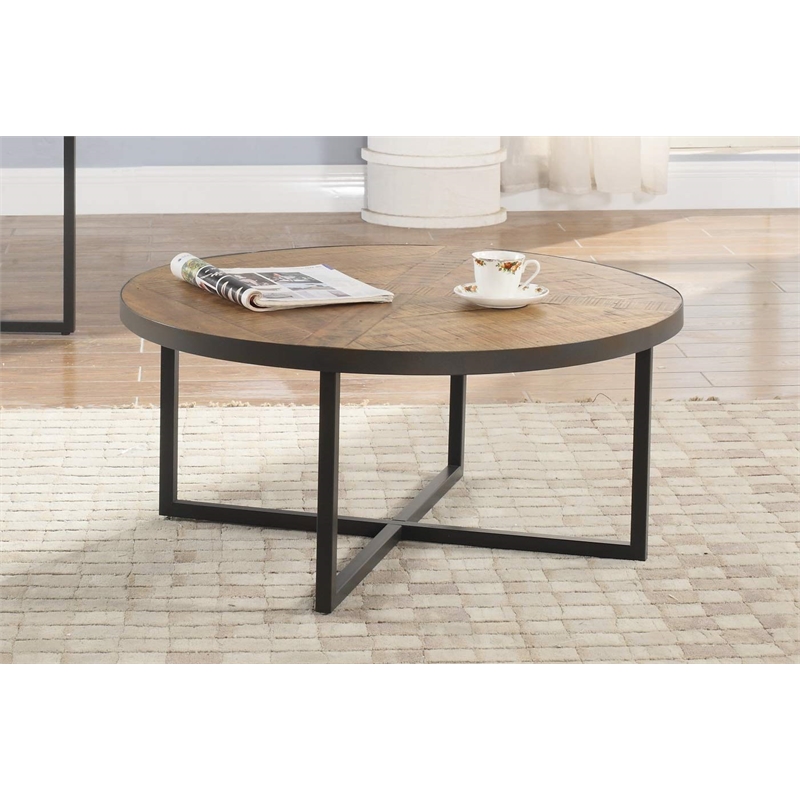 Wallace & Bay Faro Round Coffee Table in Brown Rustic Pine and Gray Metal