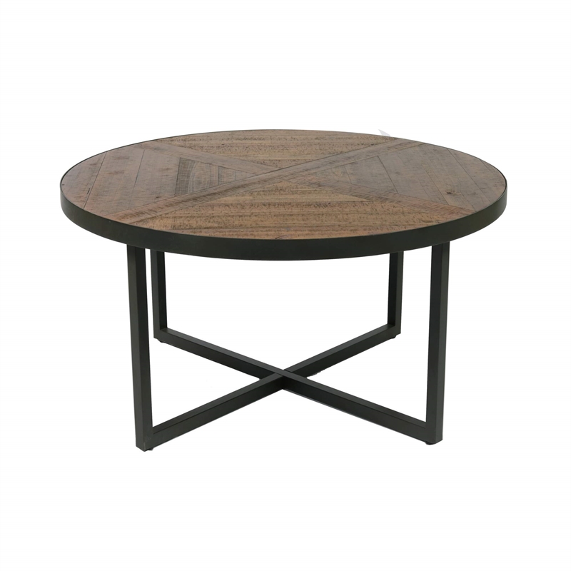 Wallace & Bay Faro Round Coffee Table in Brown Rustic Pine and Gray Metal