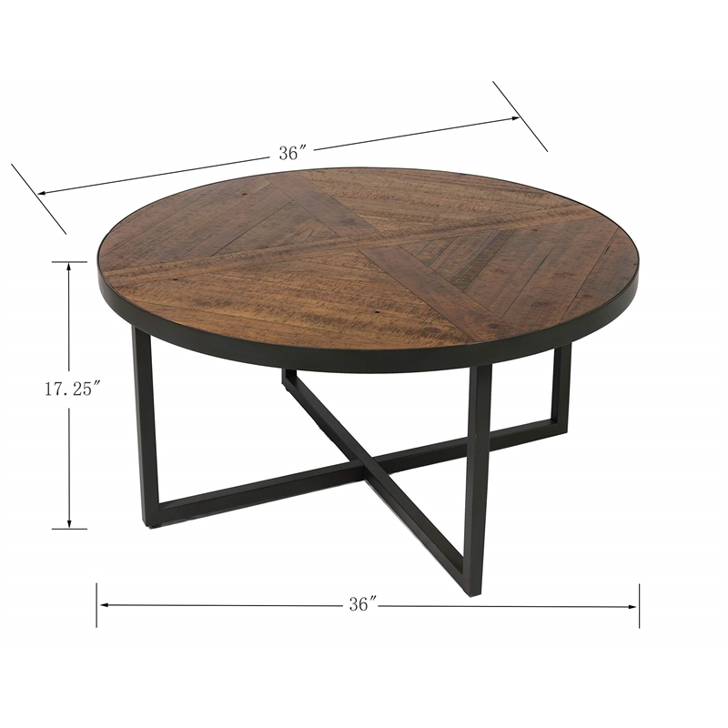 Wallace & Bay Faro Round Coffee Table in Brown Rustic Pine and Gray Metal