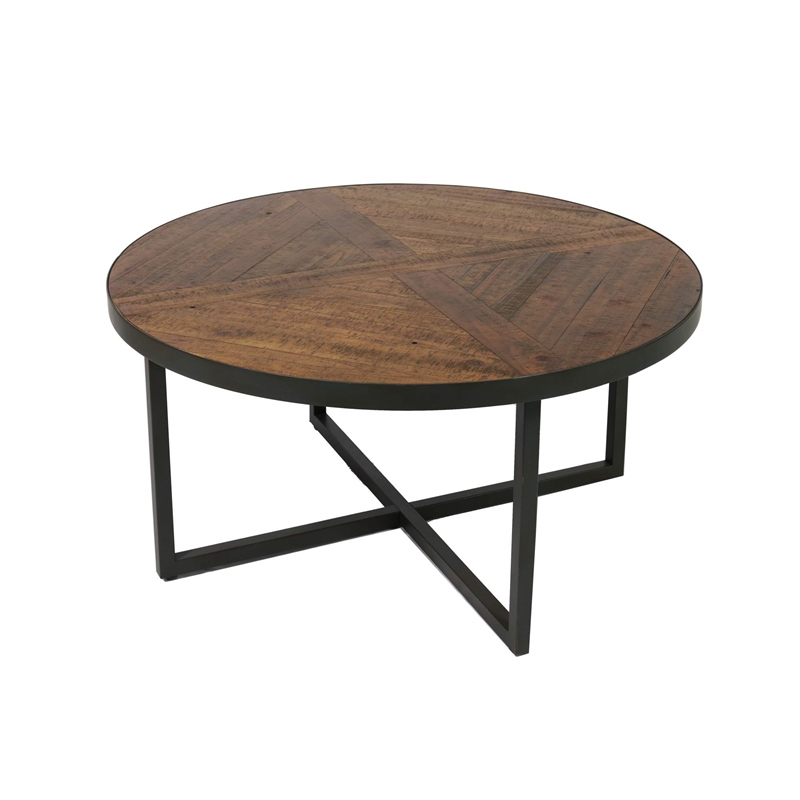 Wallace & Bay Faro Round Coffee Table in Brown Rustic Pine and Gray Metal