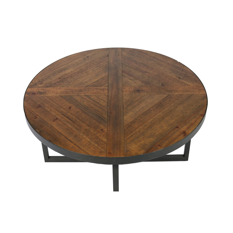 Wallace & Bay Faro Round Coffee Table in Brown Rustic Pine and Gray Metal