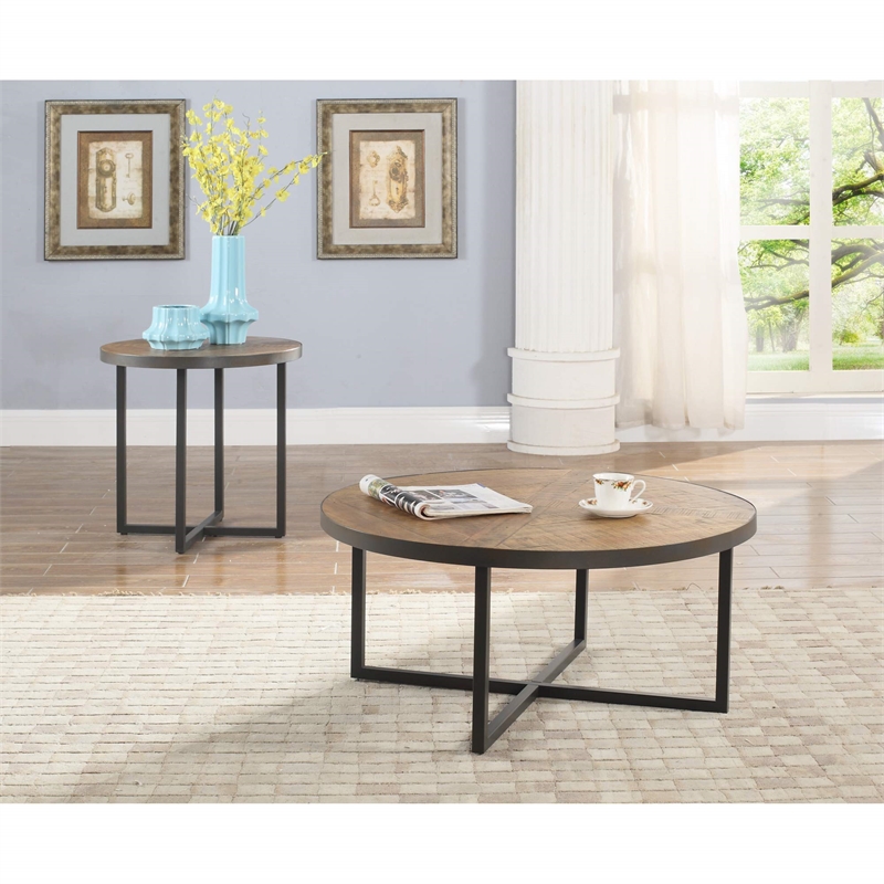 Wallace & Bay Faro Round Coffee Table in Brown Rustic Pine and Gray Metal