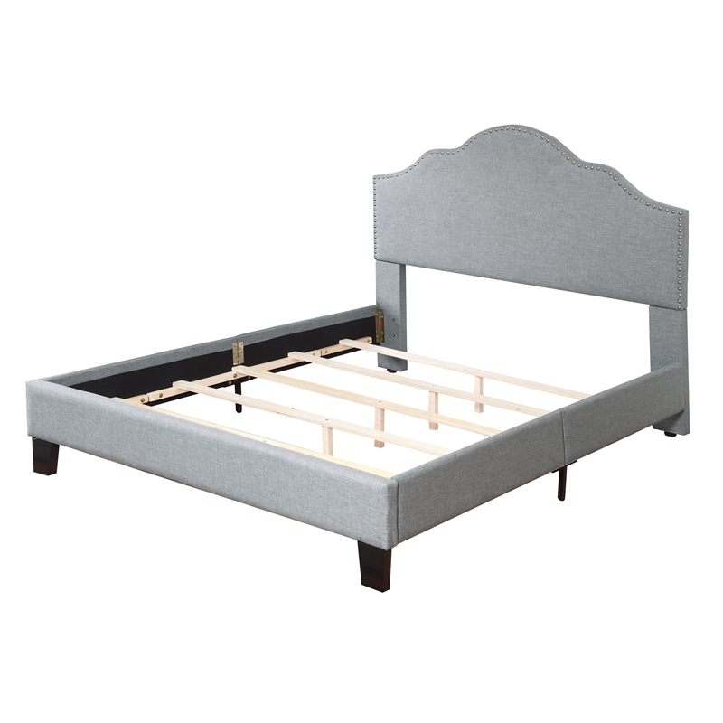 Gray Upholstered Full Bed with Nailhead Trim