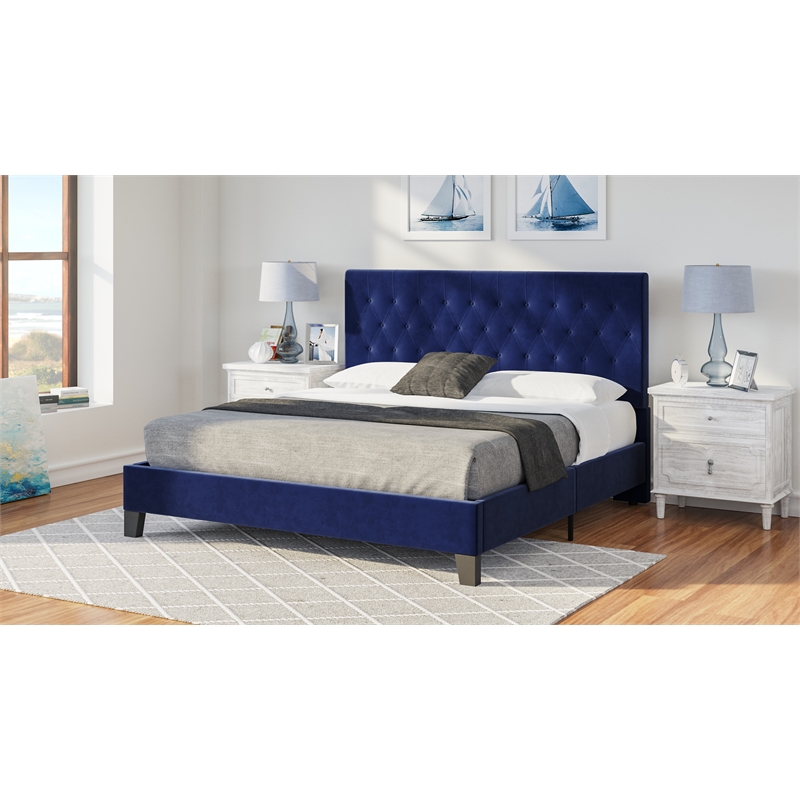 Blue Button Tufted Velvet Cal King Upholstered Bed