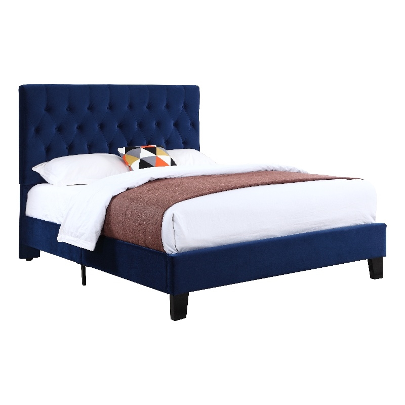 Blue Button Tufted Velvet Cal King Upholstered Bed