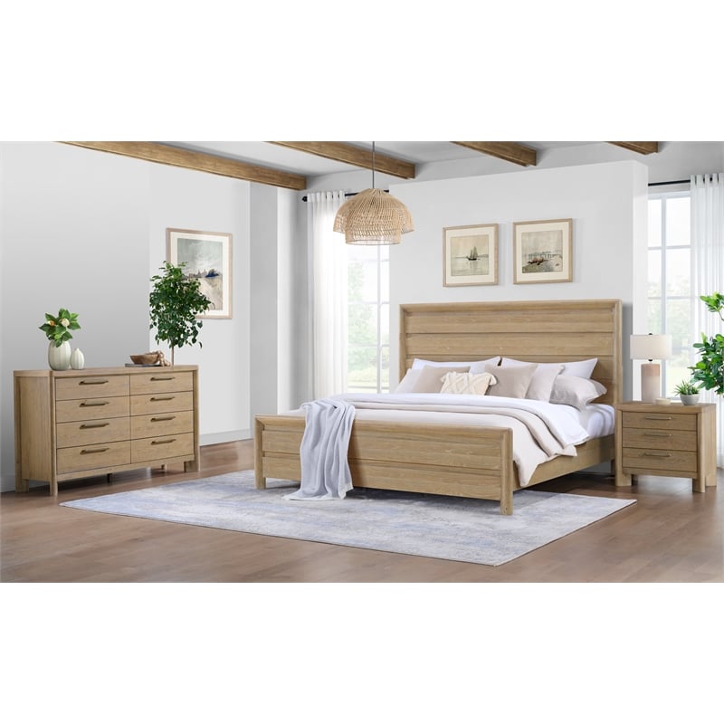 Beige Farmhouse 3-Drawer Nightstand with USB Charging