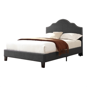 Gray Linen Upholstered King Bed with Nailhead Trim