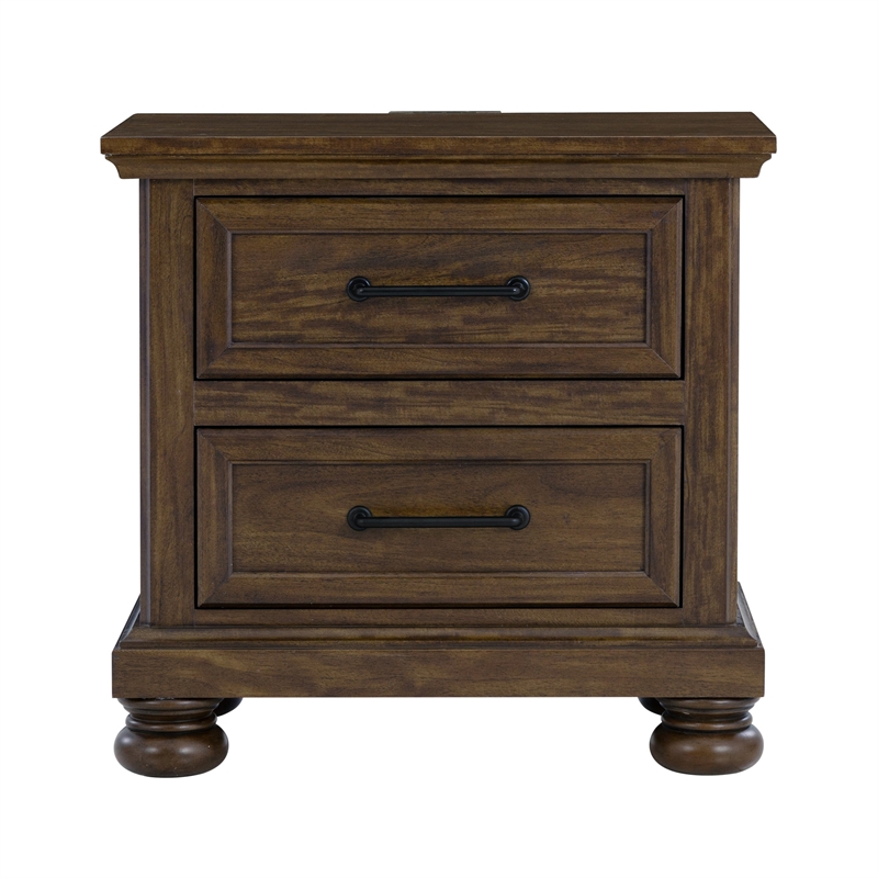 Brown Solid Wood 2-Drawer Nightstand with USB Charging Ports