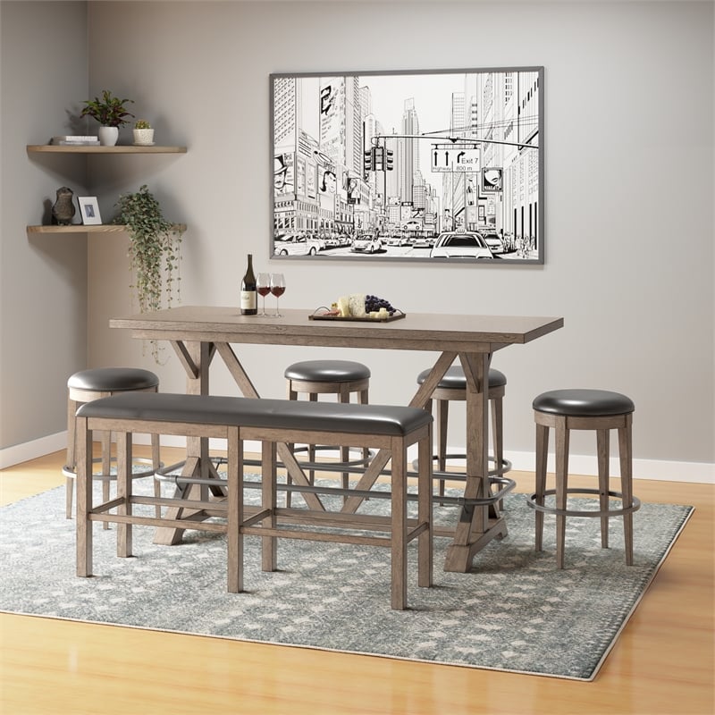 Brown Oak 60 Inch Wide Bar Height Bench