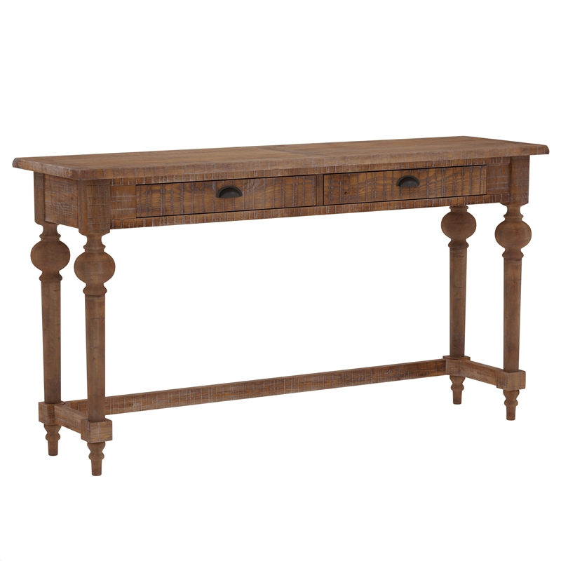Brown Rustic Console Table with 3 Stools and Storage Drawers