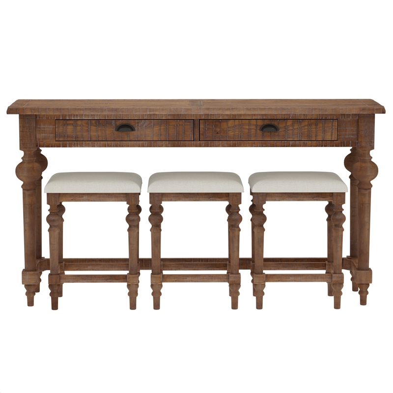 Brown Rustic Console Table with 3 Stools and Storage Drawers