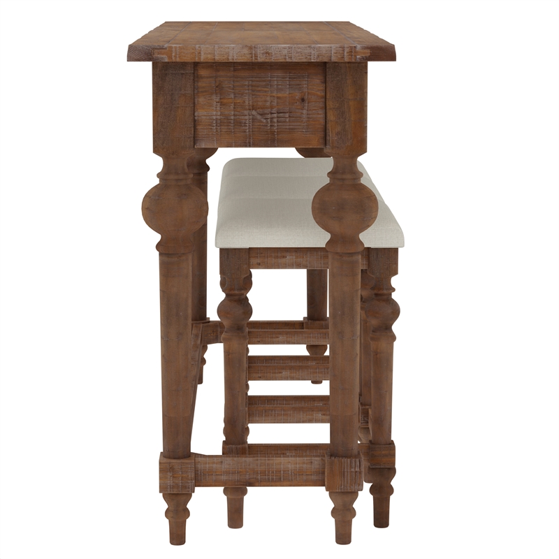 Brown Rustic Console Table with 3 Stools and Storage Drawers