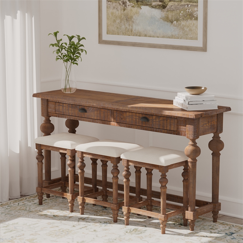Brown Rustic Console Table with 3 Stools and Storage Drawers