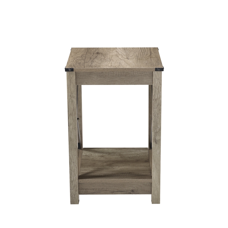 Beige End Table with Black Metal Accents