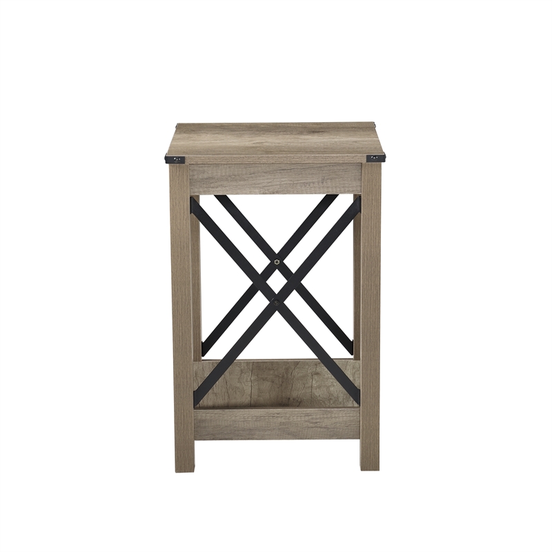 Beige End Table with Black Metal Accents