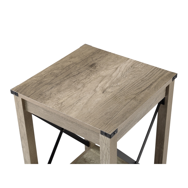Beige End Table with Black Metal Accents
