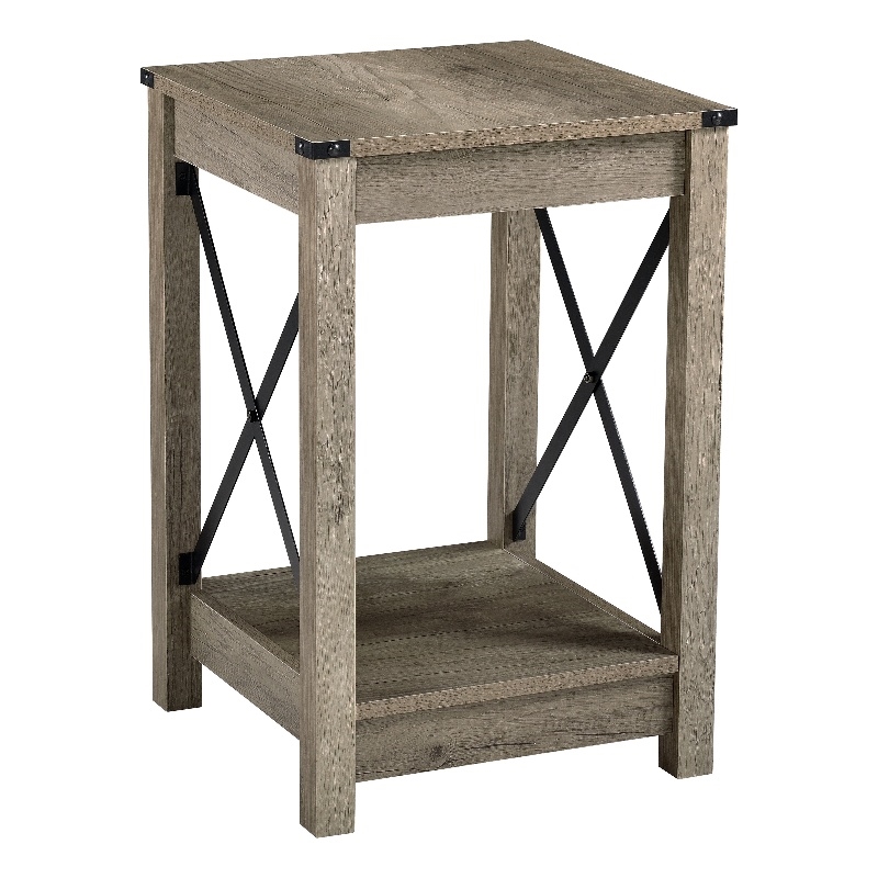 Beige End Table with Black Metal Accents