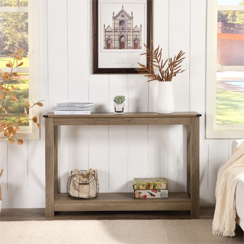 Beige Wood and Metal Sofa Table