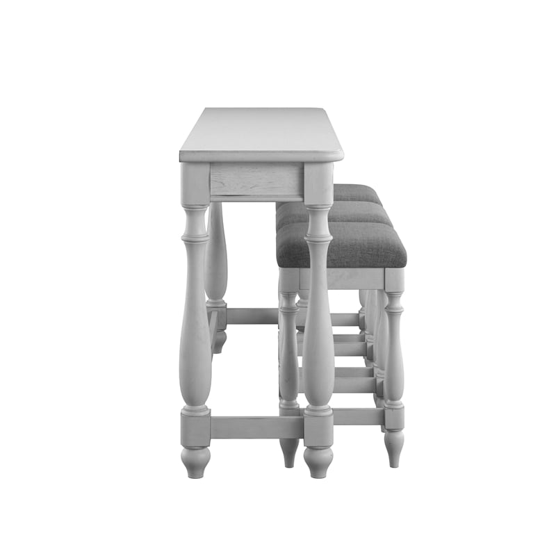 Gray Coastal Sofa Table With Three Upholstered Stools