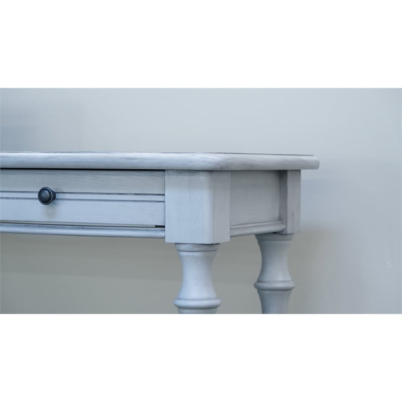 Gray Coastal Sofa Table With Three Upholstered Stools