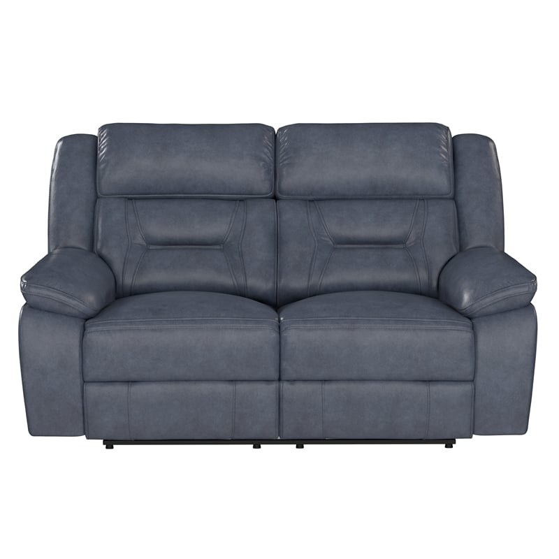 Blue Leather Manual Reclining Loveseat