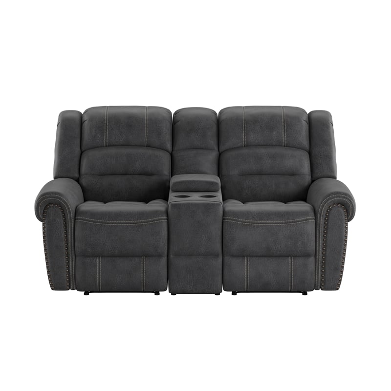 Gray Faux Leather Traditional Reclining Console Loveseat