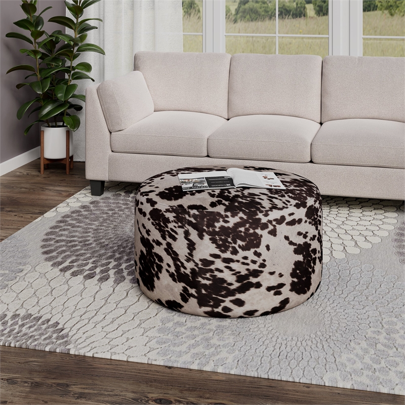 Brown Cow Print Velvet Round Cocktail Ottoman