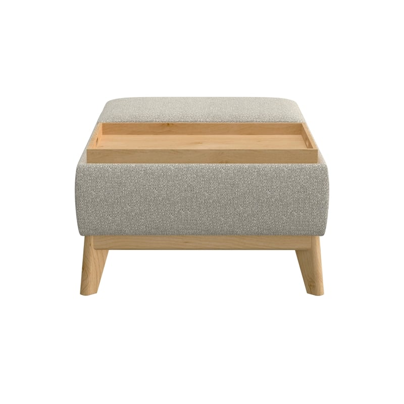 Gray Mid-Century Modern Storage Ottoman with Wood Base and Reversible Trays