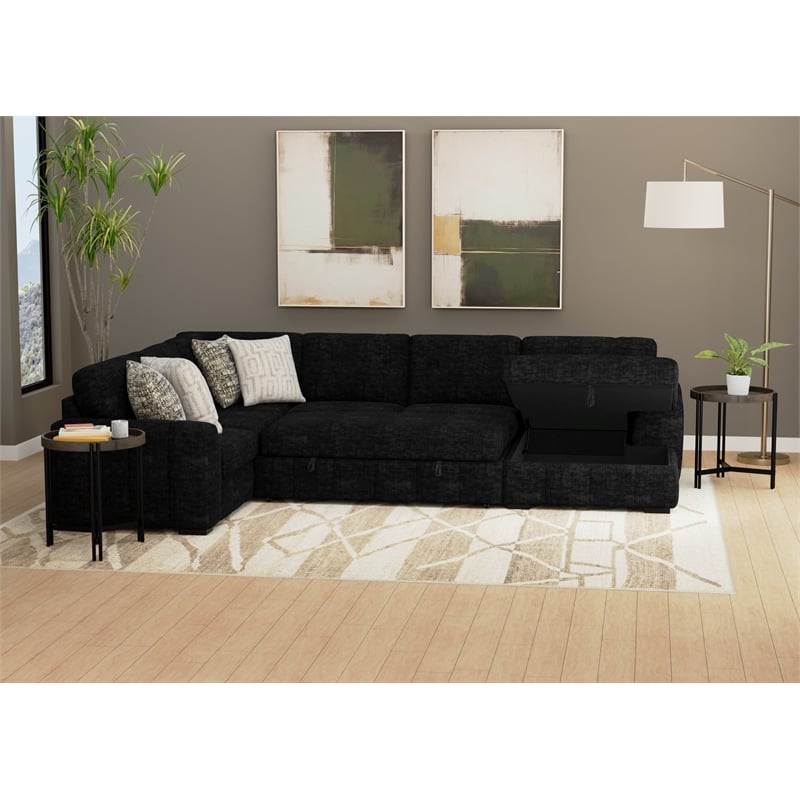 Black Pop-Up Sleeper Sectional Sofa with Storage Chaise and Ottoman
