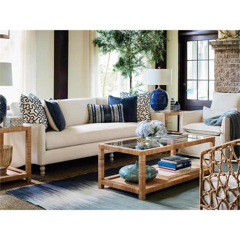 Escape Long Key End Table in Brown Woven Rattan Finish with Glass Top