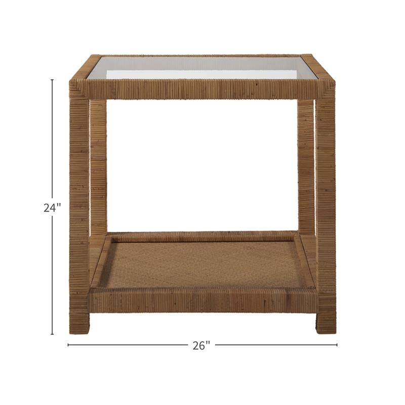 Escape Long Key End Table in Brown Woven Rattan Finish with Glass Top