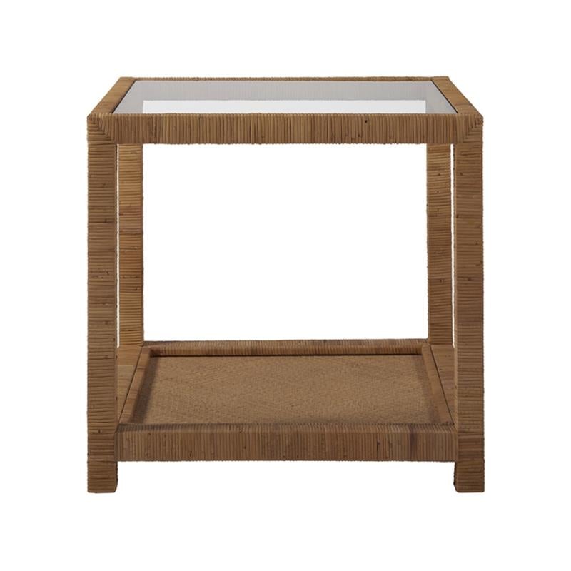 Escape Long Key End Table in Brown Woven Rattan Finish with Glass Top