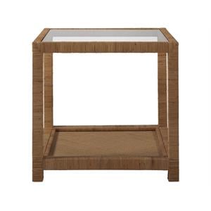 Escape Long Key End Table in Brown Woven Rattan Finish with Glass Top