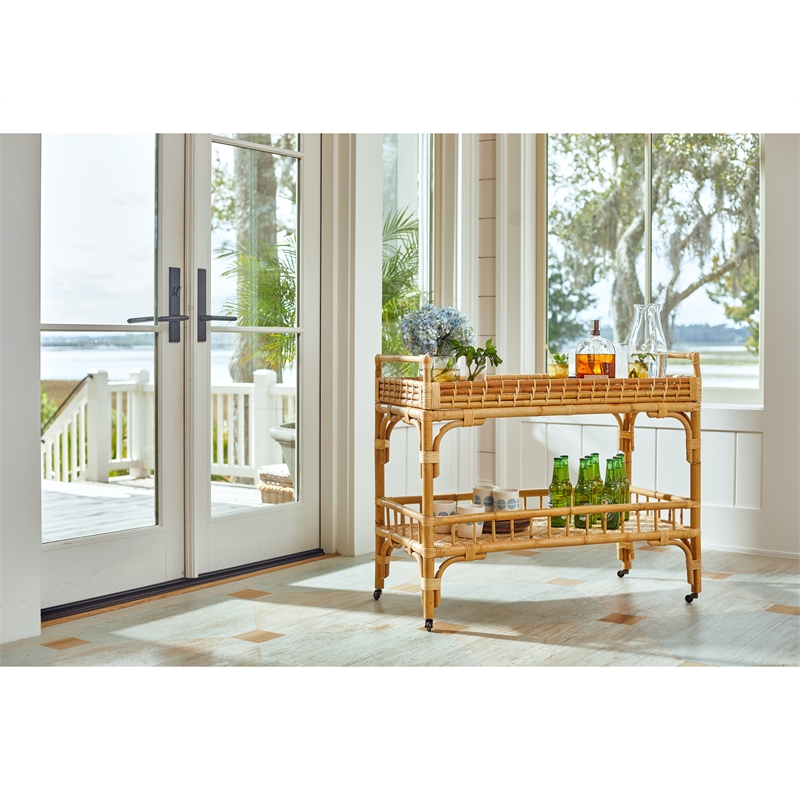 Coastal Living 5 O'Clock Bar Cart in Natural Tan Cane