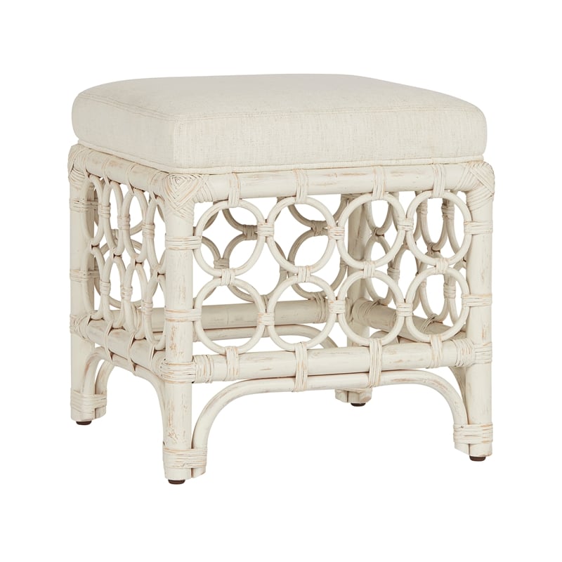 Coastal Living Upholstered Rattan Stool in Soft White Cane and Rattan
