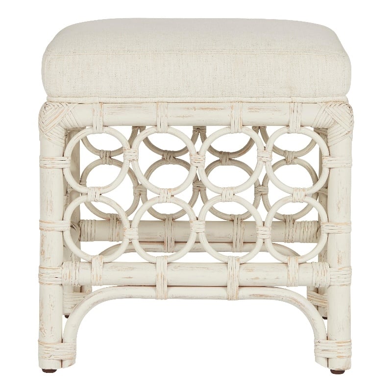 Coastal Living Upholstered Rattan Stool in Soft White Cane and Rattan