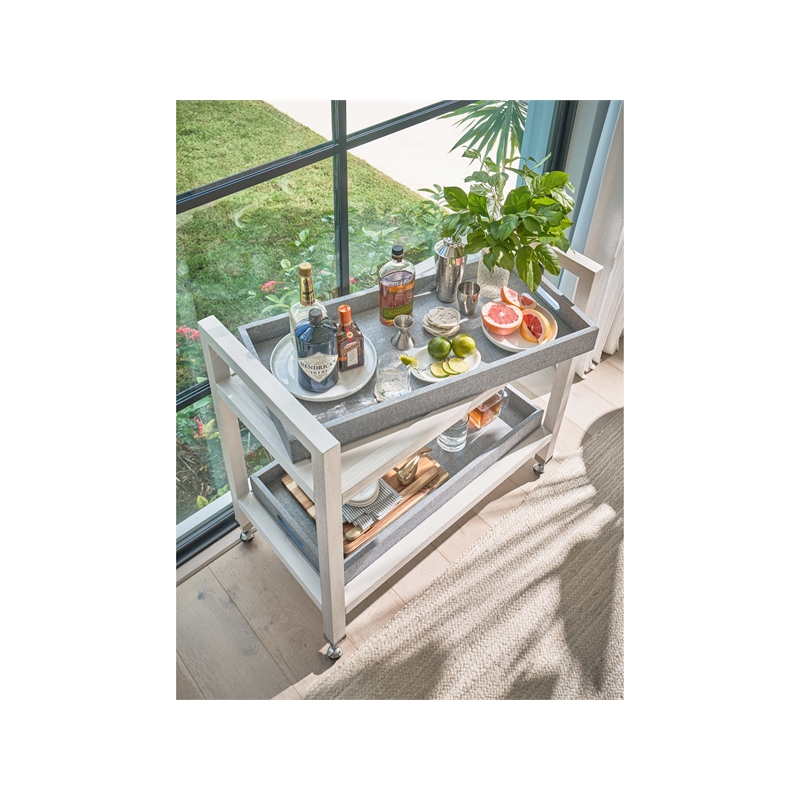 Coastal Living Jupiter Bar Cart in Weathered White Oak & Blue Wrapped Seagrass
