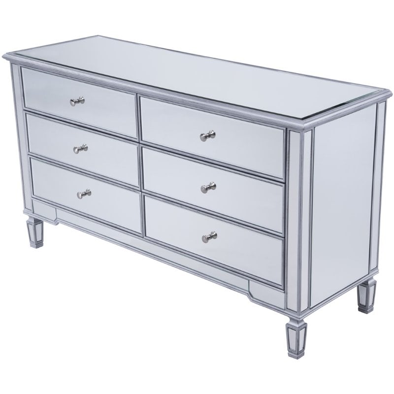Elegant Decor Contempo 6 Drawer Contemporary Mirrored Dresser in Antique Silver