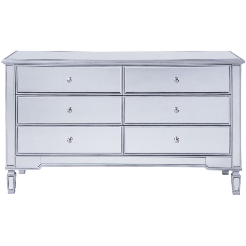 Elegant Decor Contempo 6 Drawer Contemporary Mirrored Dresser in Antique Silver