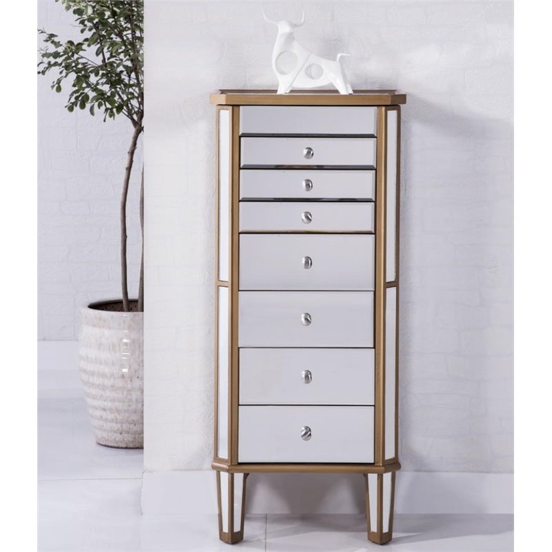 Elegant Decor Contempo 7 Drawer Mirrored Jewelry Armoire in Antique Gold