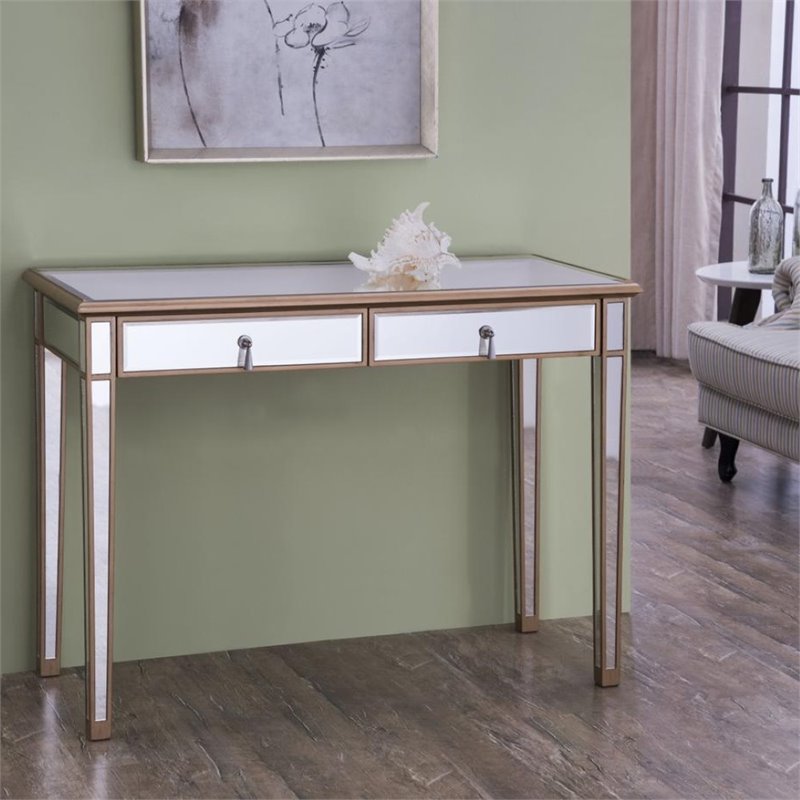 Elegant Decor Contempo 2 Drawer Mirrored Bedroom Vanity Desk in Antique Gold