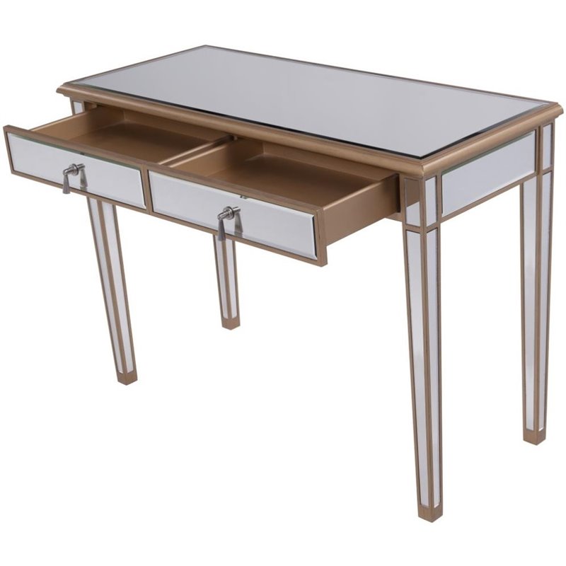 Elegant Decor Contempo 2 Drawer Mirrored Bedroom Vanity Desk in Antique Gold