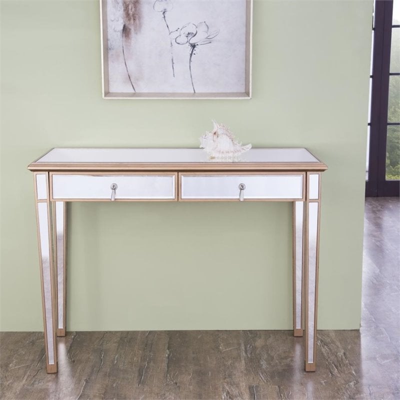 Elegant Decor Contempo 2 Drawer Mirrored Bedroom Vanity Desk in Antique Gold