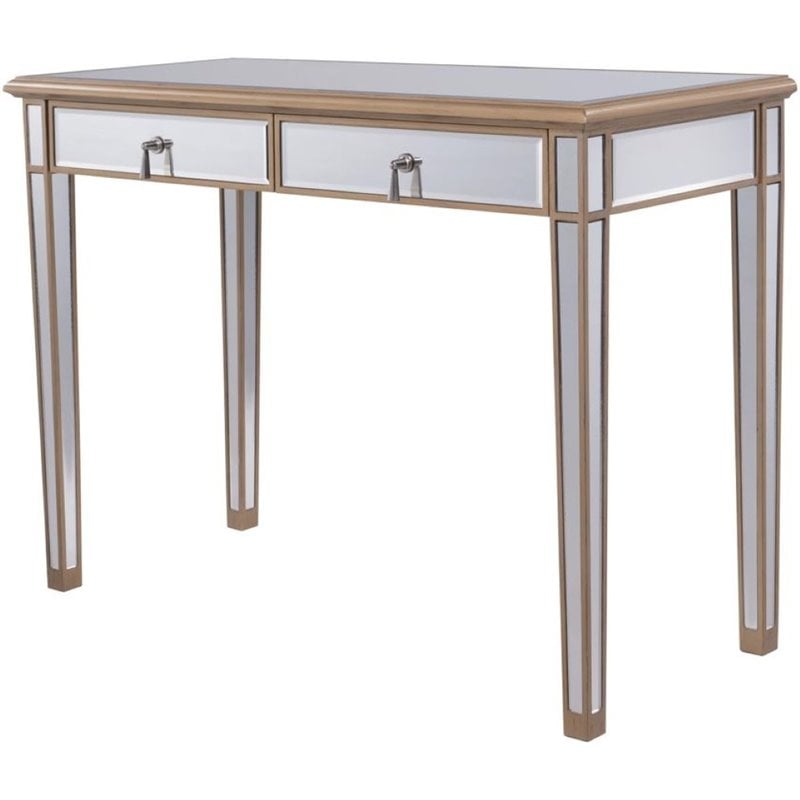 Elegant Decor Contempo 2 Drawer Mirrored Bedroom Vanity Desk in Antique Gold