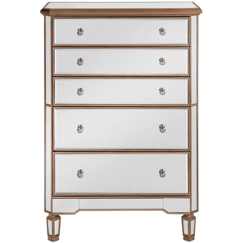 Elegant Decor Contempo 5 Drawer Mirrored Chest in Hand Rubbed Antique Gold