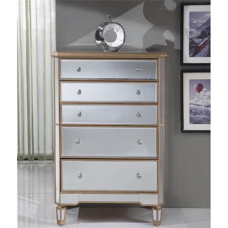 Elegant Decor Contempo 5 Drawer Mirrored Chest in Hand Rubbed Antique Gold
